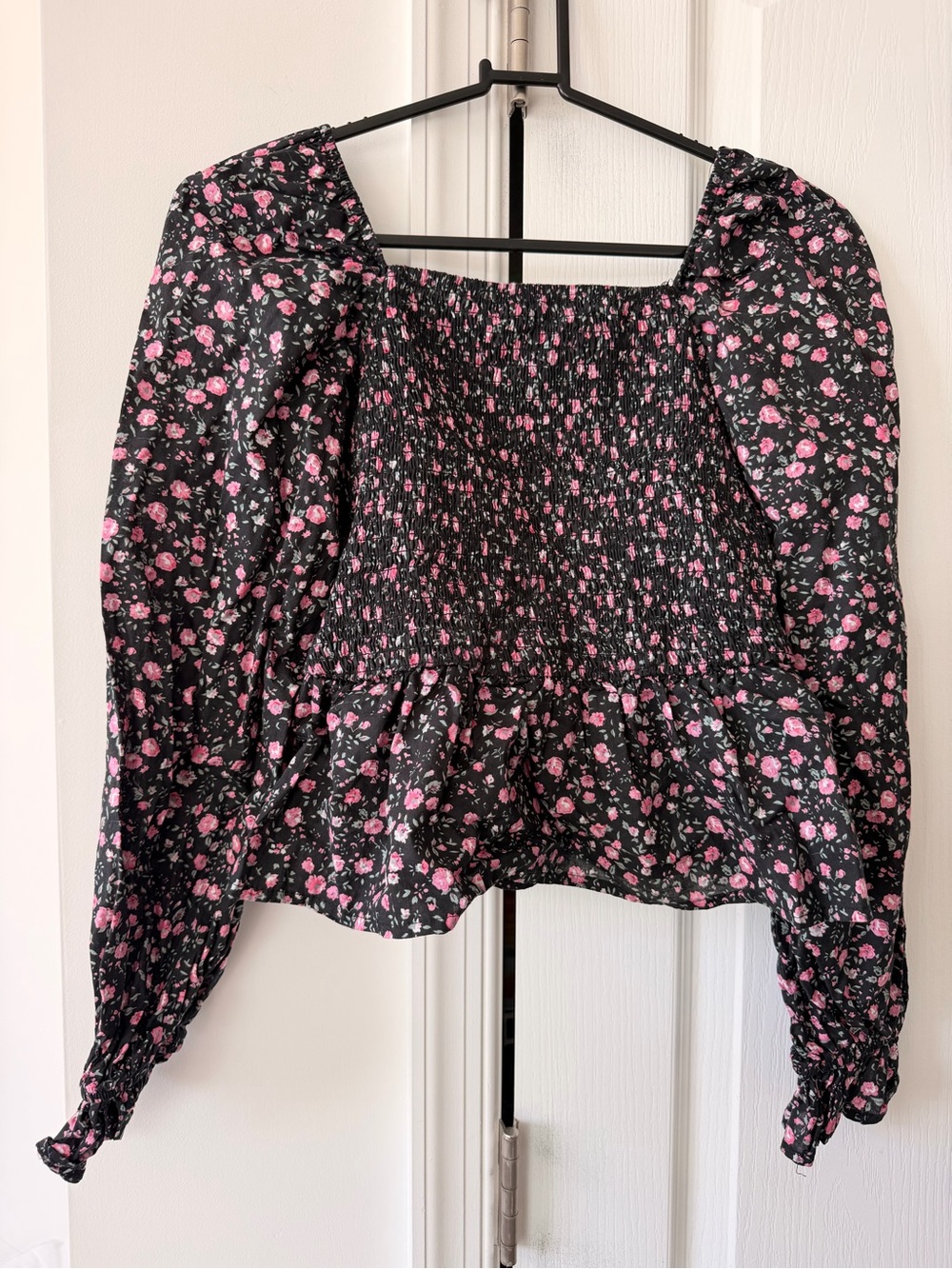 Dizzy Black Floral Smocked Square-Neck Peasant Top with Pink Roses XS